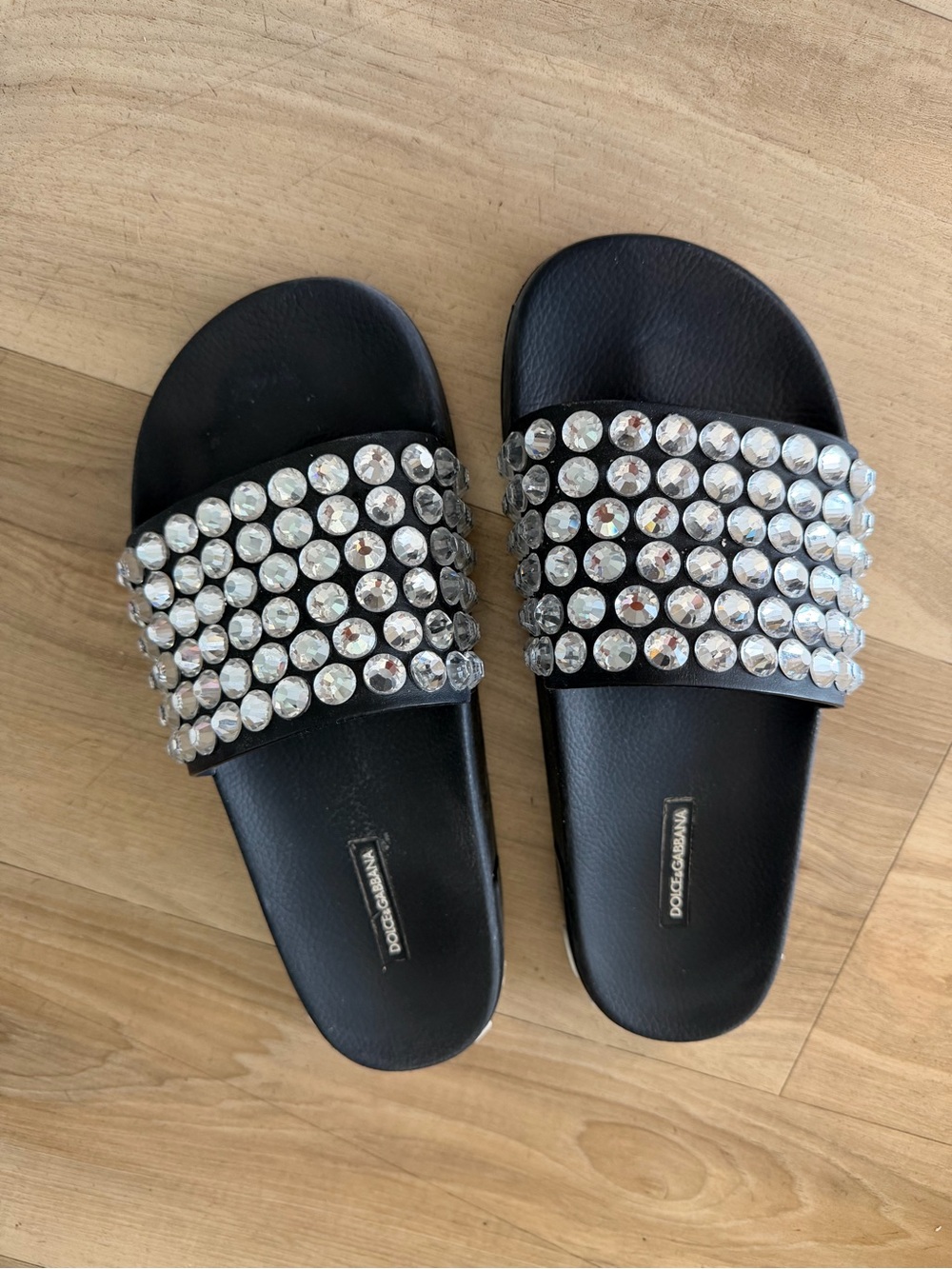 Dolce & Gabbana Black Slides with Clear Crystal Embellishments